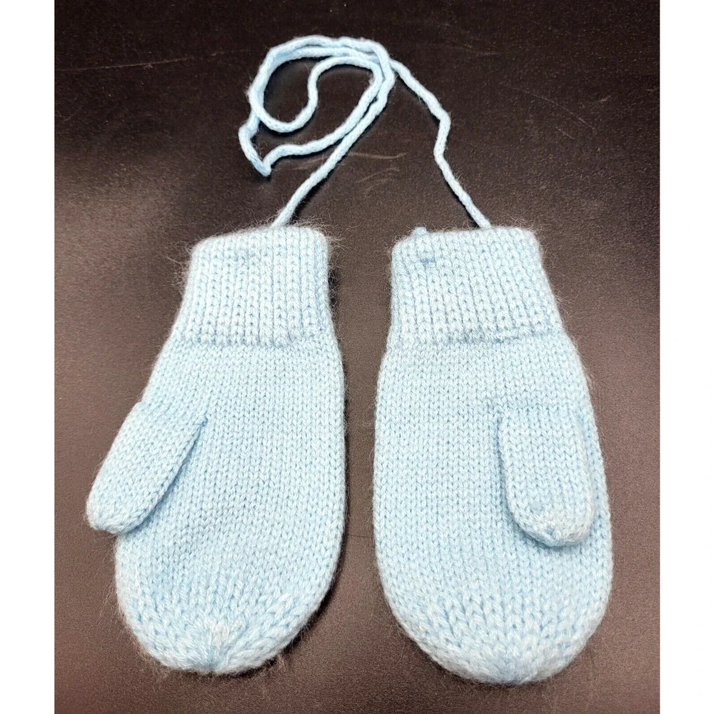 Vintage 80s Infant Blue Knit Mittens Keeper String One Size YK